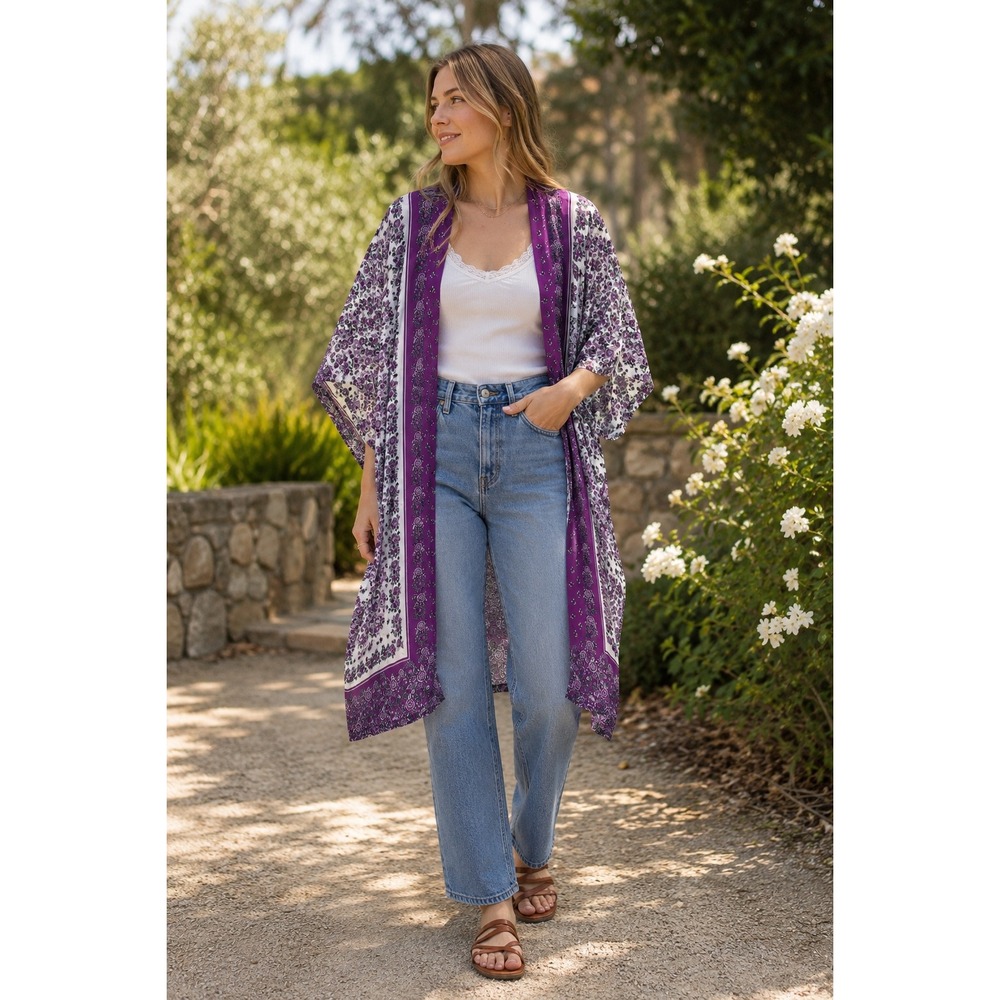 LOFT Kimono Wrap Women XS/S Purple Floral Modal New Open Front Shawl Coverup